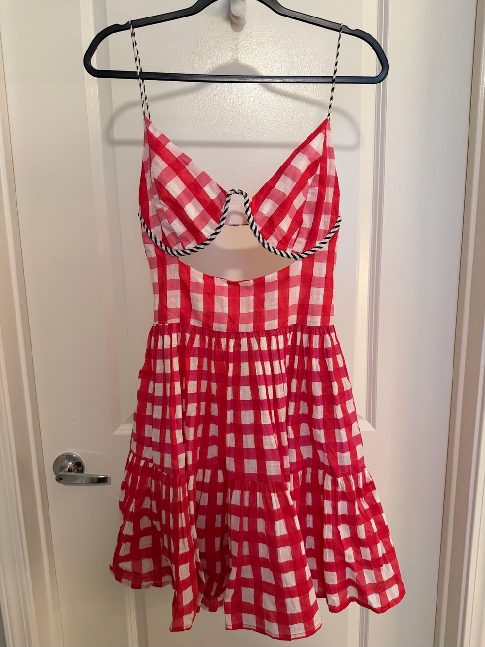 Red and White Gingham Cutout Sundress with Contrast Trim